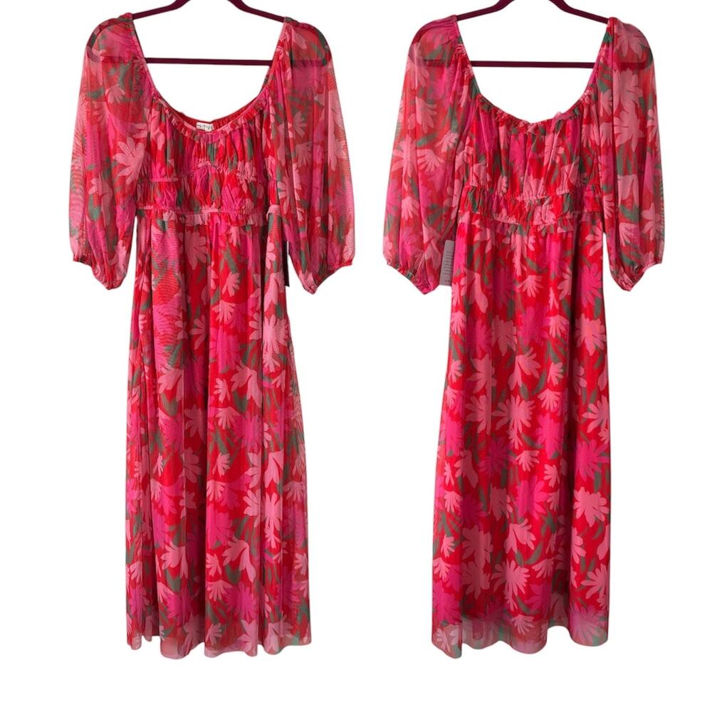 Maisie Red and Pink Floral Print Mesh Midi Dress Women’s Size Medium NWT
